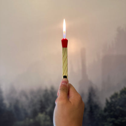 Hand holding a lit matchstick against a blurred natural background